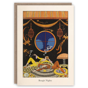 Greeting card with decorative design by George Barbier of two women lounging, a window, and caption 'Bougie Nights'.