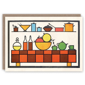 Card with a retro-style illustration of kitchen items on shelves and a counter.