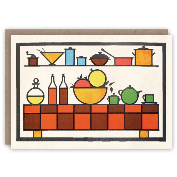 Card with a retro-style illustration of kitchen items on shelves and a counter.
