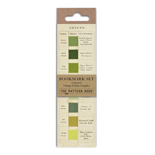 Vintage Colour Graphics Bookmark Set by The Pattern Book, featuring a kraft paper hanger with two columns of green and yellow-green color swatches and labels.