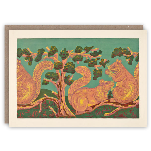 Greeting card with illustration of squirrels on a branch against a green background