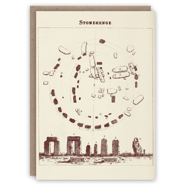 Greeting card with a black and white illustration of Stonehenge on a beige background