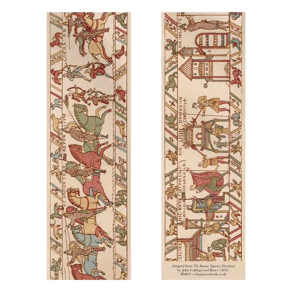 Bayeux tapestry inspired bookmark with two depictions of the tapestry front and back