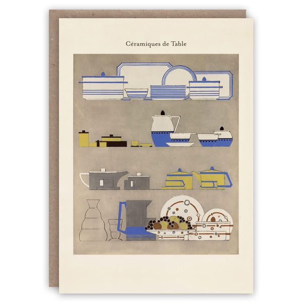 Card with illustration of tableware and caption 'Ceramiques de Table' on a beige background