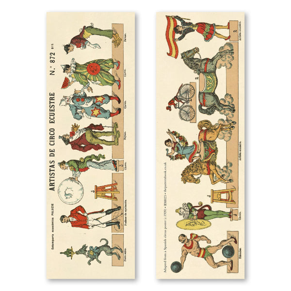 vintage style circus acts bookmark printed on recycled paper
