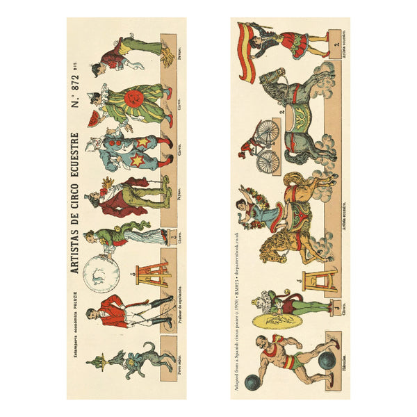 Vintage-style illustrations of circus performers on a beige background printed on the front and back of a bookmark. 