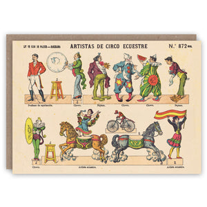 Vintage-style card with illustrations of circus performers and horses on a beige background.