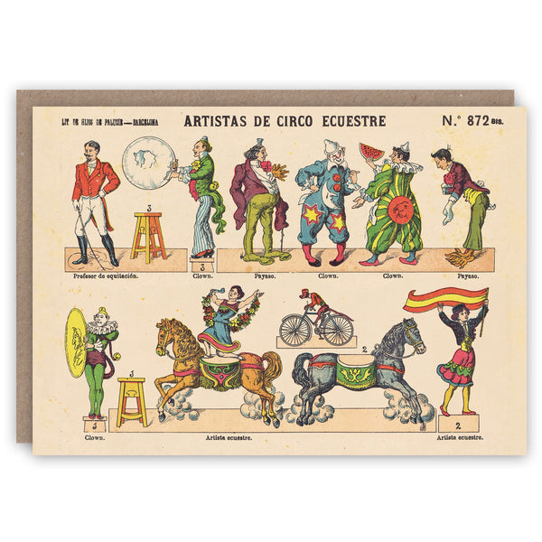 Vintage-style card with illustrations of circus performers and horses on a beige background.