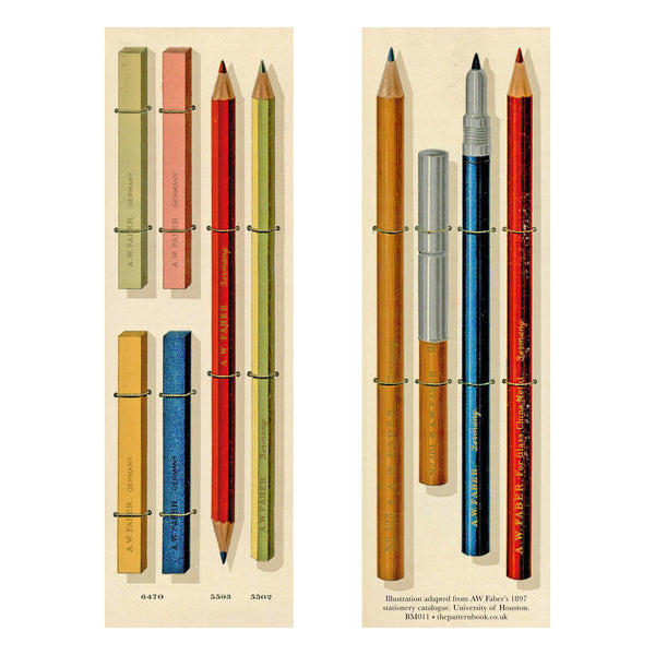 Front and back bookmark images depicting coloured pencils and crayons from the Faber stationery catalogue