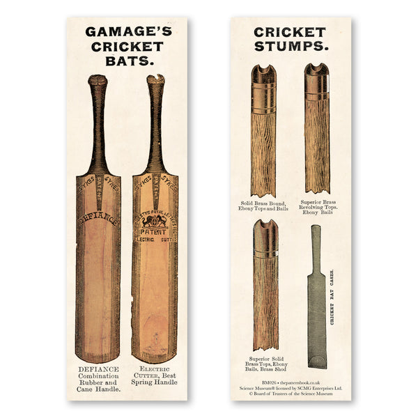 vintage style cricket bats 2 bookmark printed on recycled paper