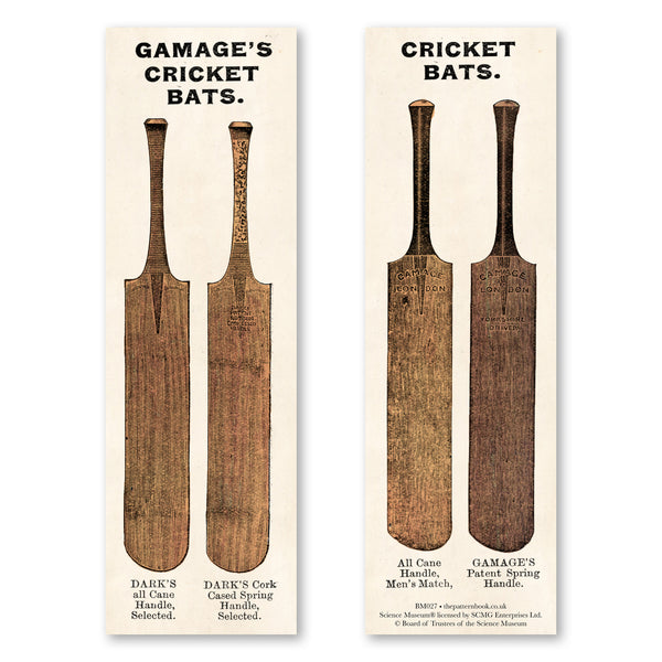 vintage style cricket bats 3 bookmark printed on recycled paper