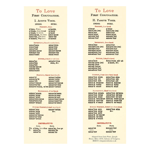 Bookmark with Latin verb conjugation table on a cream background