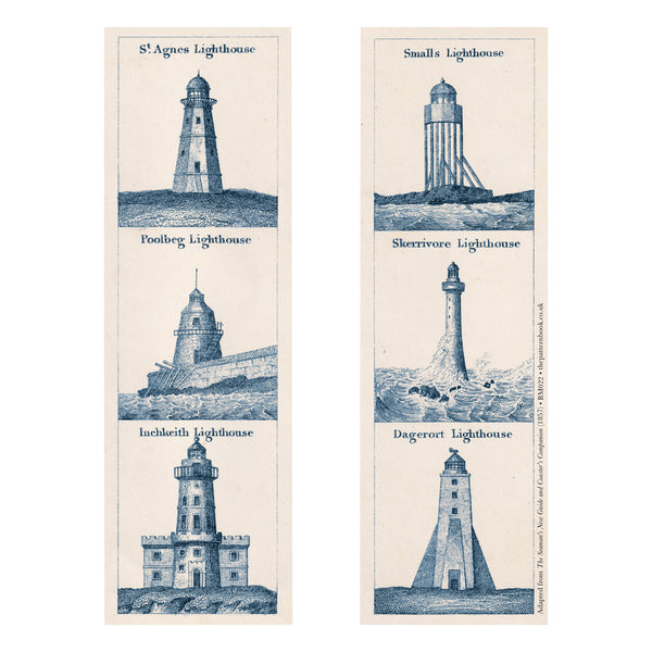 Bookmark front and back illustrations of lighthouses on a beige background.