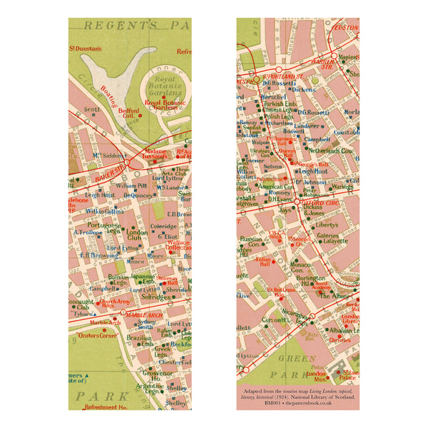 Vintage-style bookmark depicting a map of London, in green and pink, showing cultural and literary landmarks