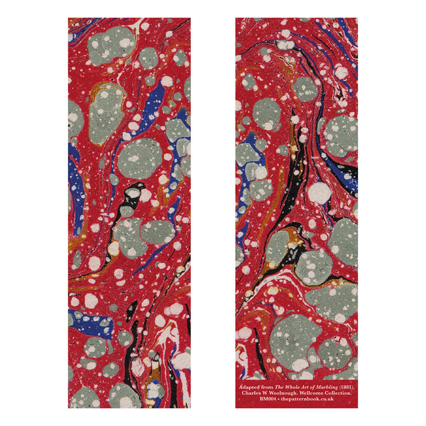 Front and back bookmark image with a red marbled design featuring gray, blue, and white patterns.