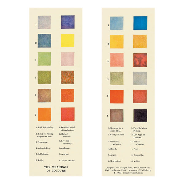 Bookmark with front and back images depicting color swatch charts with text labels on a beige background