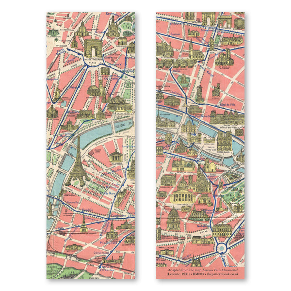 vintage style paris monuments map bookmark printed on recycled paper