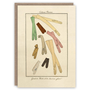 Vintage-style card with illustrations of different types of gloves on a beige background