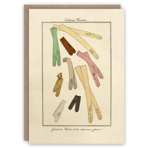 Vintage-style card with illustrations of different types of gloves on a beige background