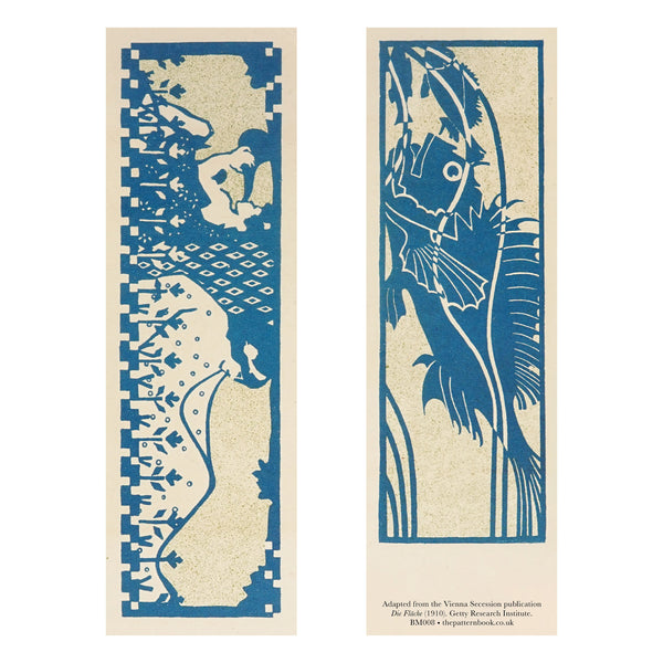 Blue and beige bookmark designs, front and back, with fish designs on a white background