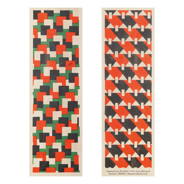 Front and back bookmark designs with two vertical geometric patterned panels in red, dark grey and green