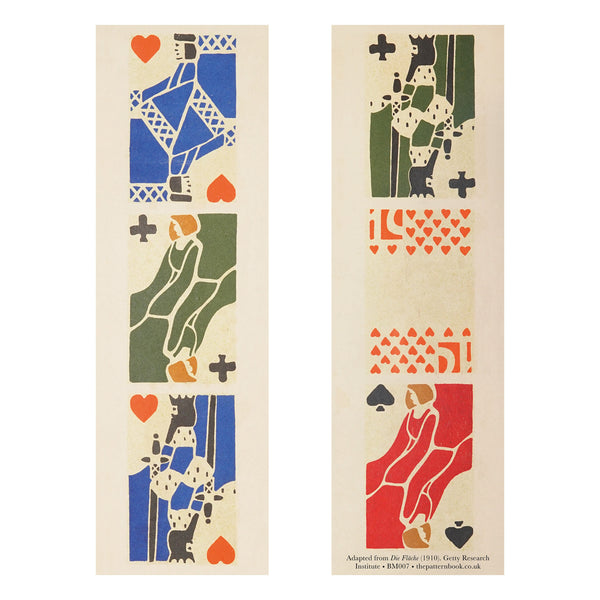 Front and back bookmark images featuring three colourful playing cards in blue green and red