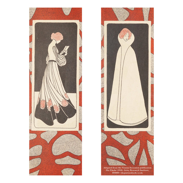 Two vintage-style bookmarks with illustrations of women in long dresses on a red and gray patterned background.