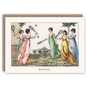 Greeting card illustrating sporty women playing badminton in Georgian style dress